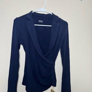 OGL Move Navy Wrap Long Sleeve Top NWT Sustainable Stretch Blouse